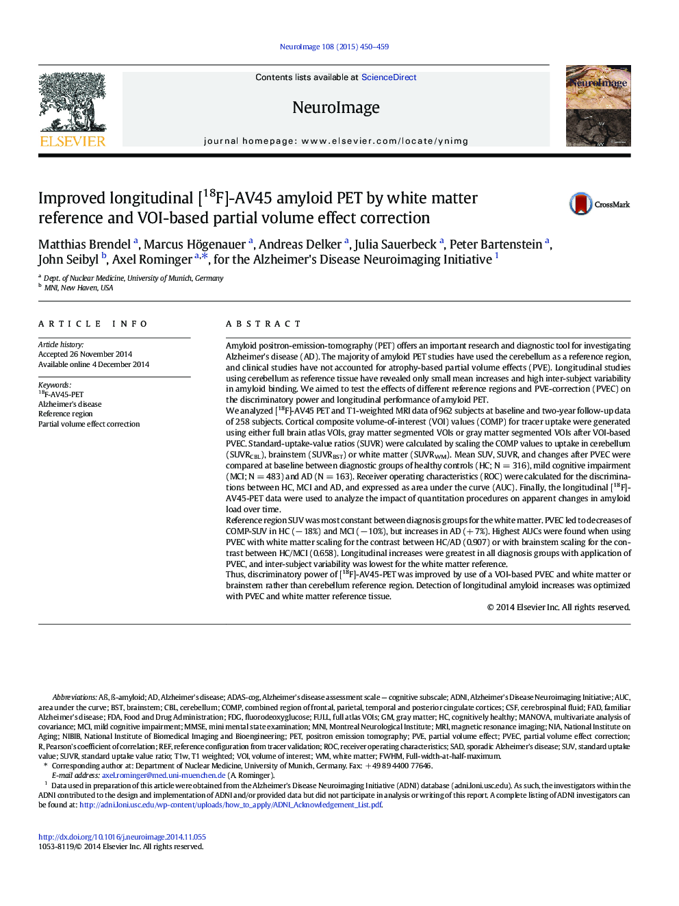 Improved longitudinal [18F]-AV45 amyloid PET by white matter reference and VOI-based partial volume effect correction