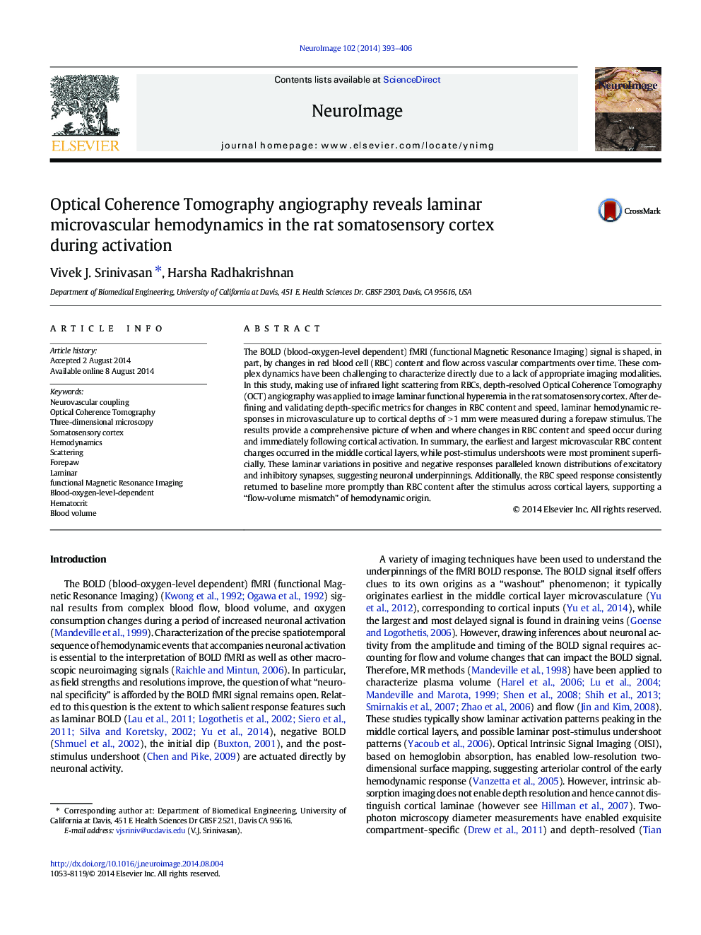 Optical Coherence Tomography angiography reveals laminar microvascular hemodynamics in the rat somatosensory cortex during activation