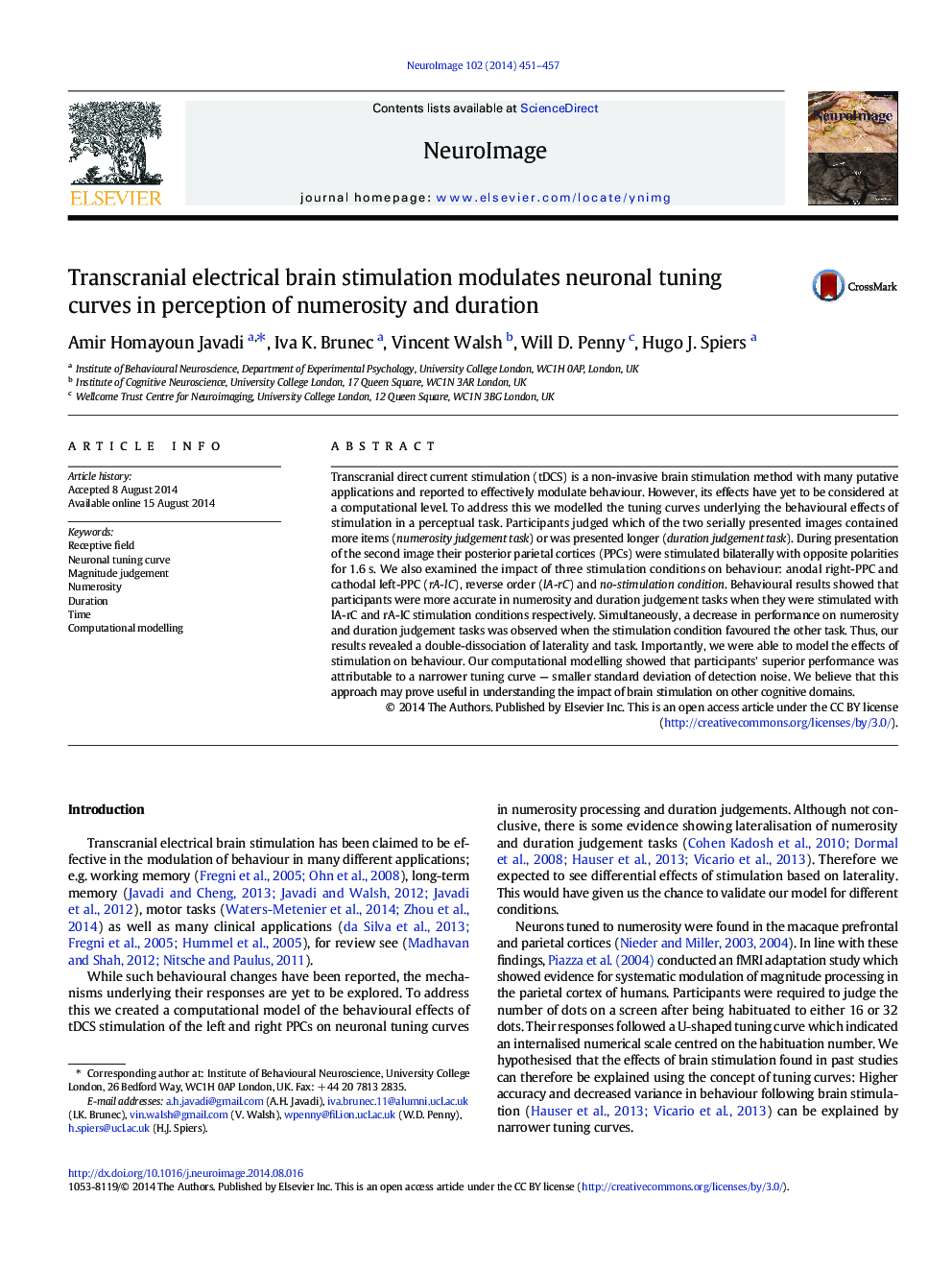 Transcranial electrical brain stimulation modulates neuronal tuning curves in perception of numerosity and duration