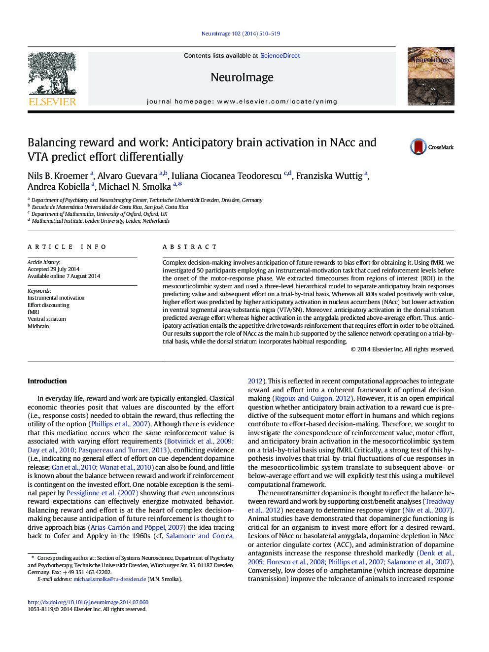 Balancing reward and work: Anticipatory brain activation in NAcc and VTA predict effort differentially