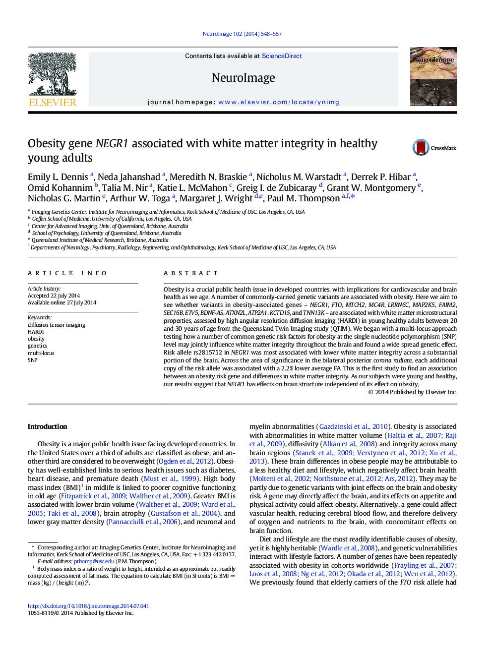 Obesity gene NEGR1 associated with white matter integrity in healthy young adults