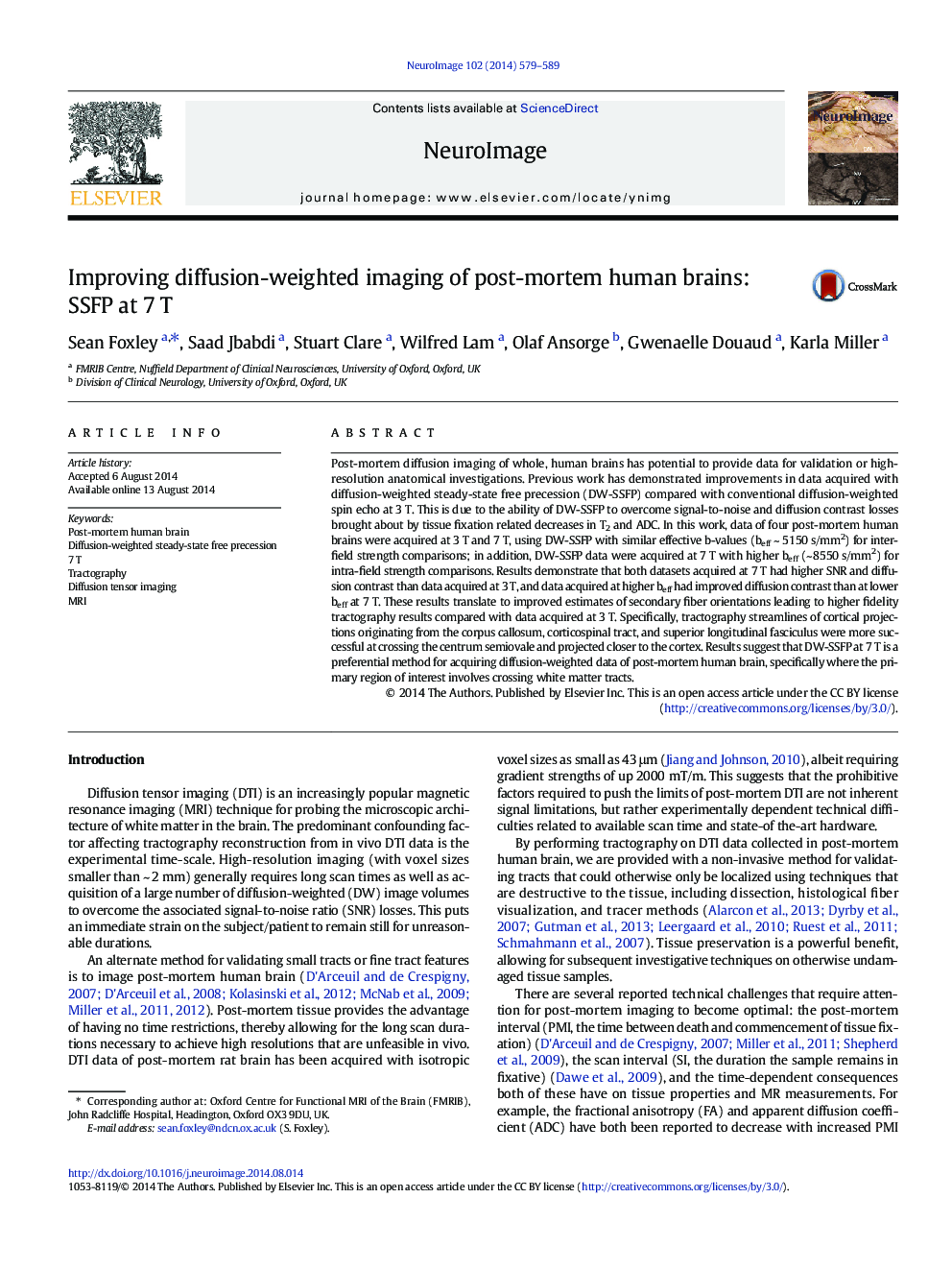 Improving diffusion-weighted imaging of post-mortem human brains: SSFP at 7Â T