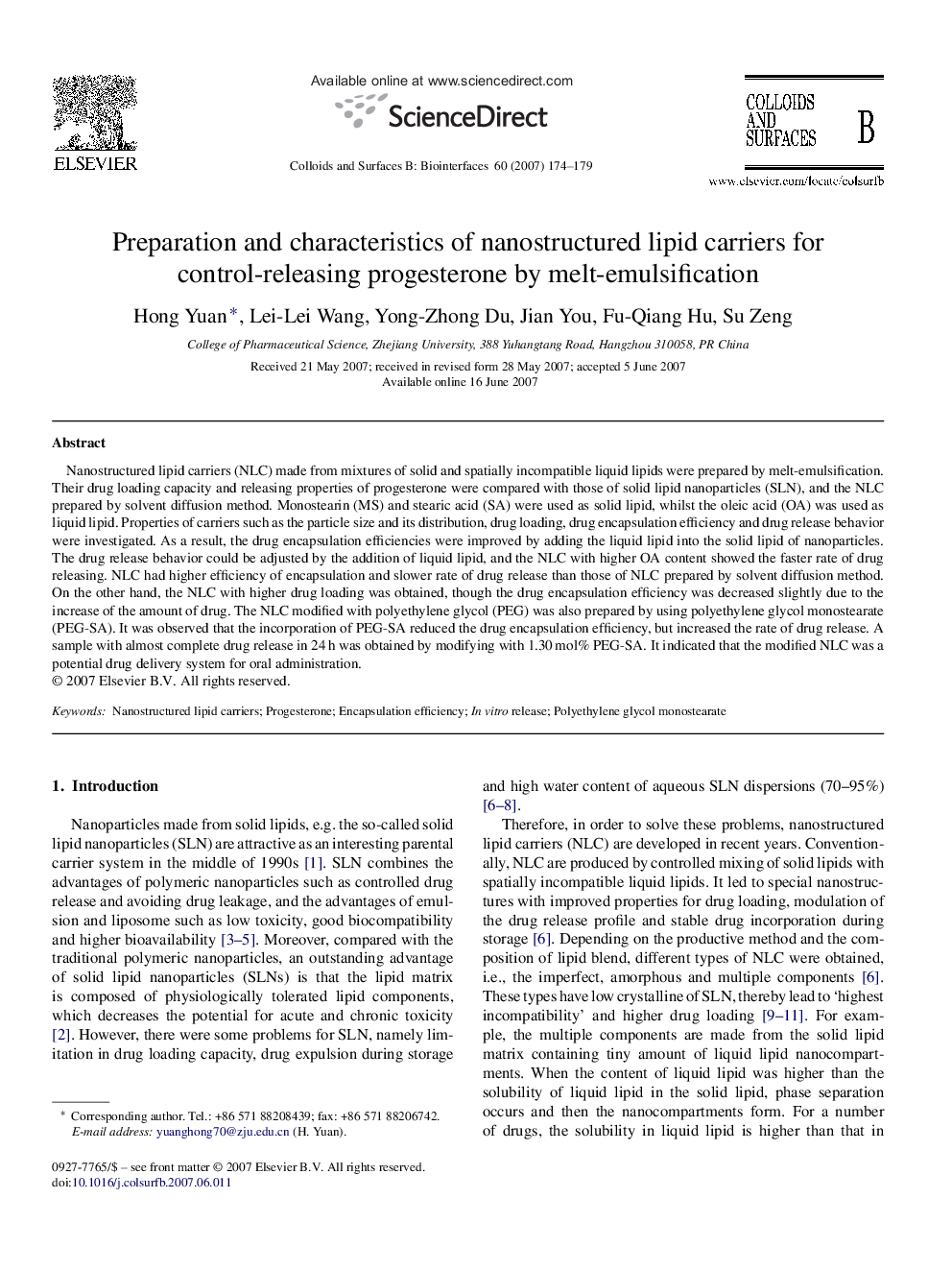 Preparation and characteristics of nanostructured lipid carriers for control-releasing progesterone by melt-emulsification