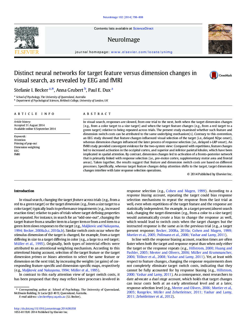 Distinct neural networks for target feature versus dimension changes in visual search, as revealed by EEG and fMRI