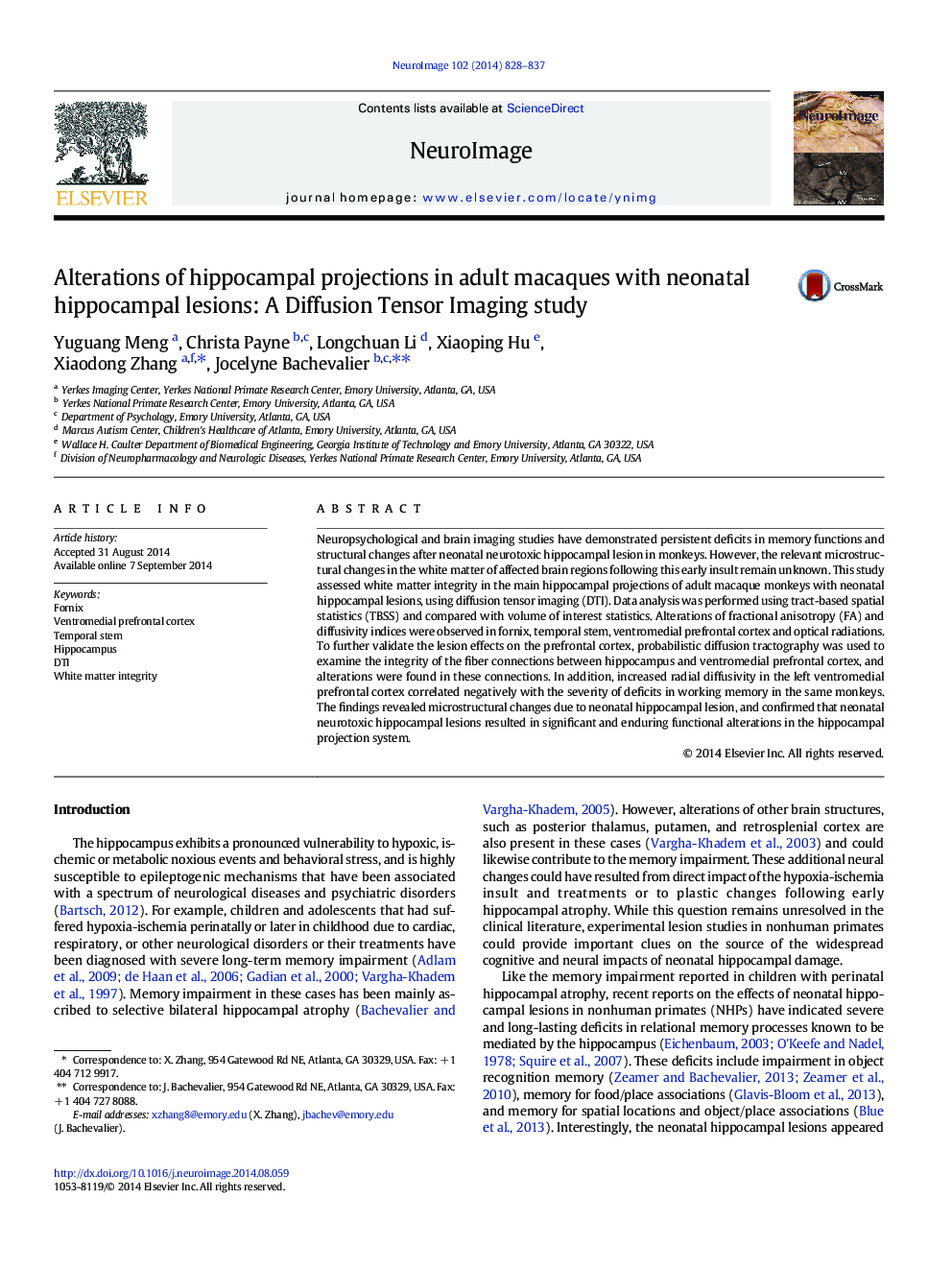 Alterations of hippocampal projections in adult macaques with neonatal hippocampal lesions: A Diffusion Tensor Imaging study