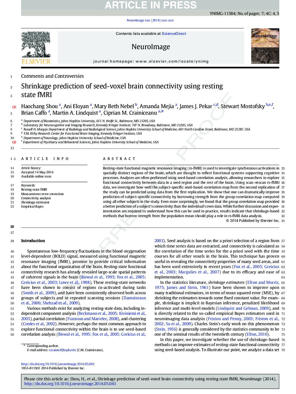عکس صفحه اول مقاله: Shrinkage prediction of seed-voxel brain connectivity using resting state fMRI Shrinkage prediction of seed-voxel brain connectivity using resting state fMRI