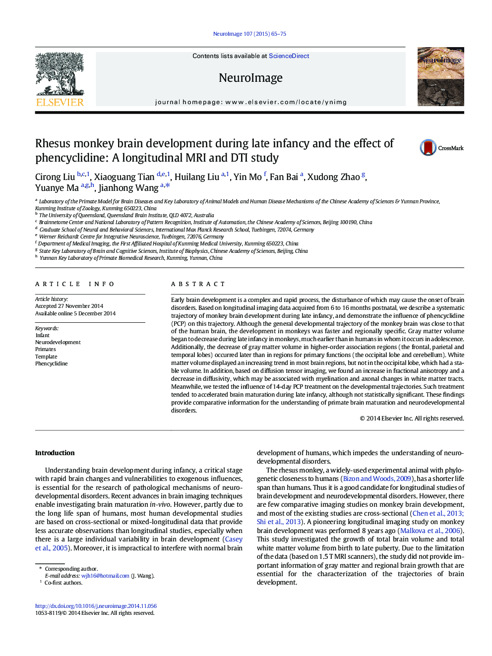 Rhesus monkey brain development during late infancy and the effect of phencyclidine: A longitudinal MRI and DTI study