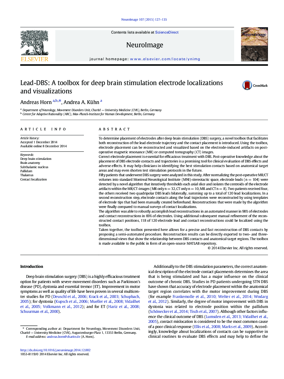 Lead-DBS: A toolbox for deep brain stimulation electrode localizations and visualizations