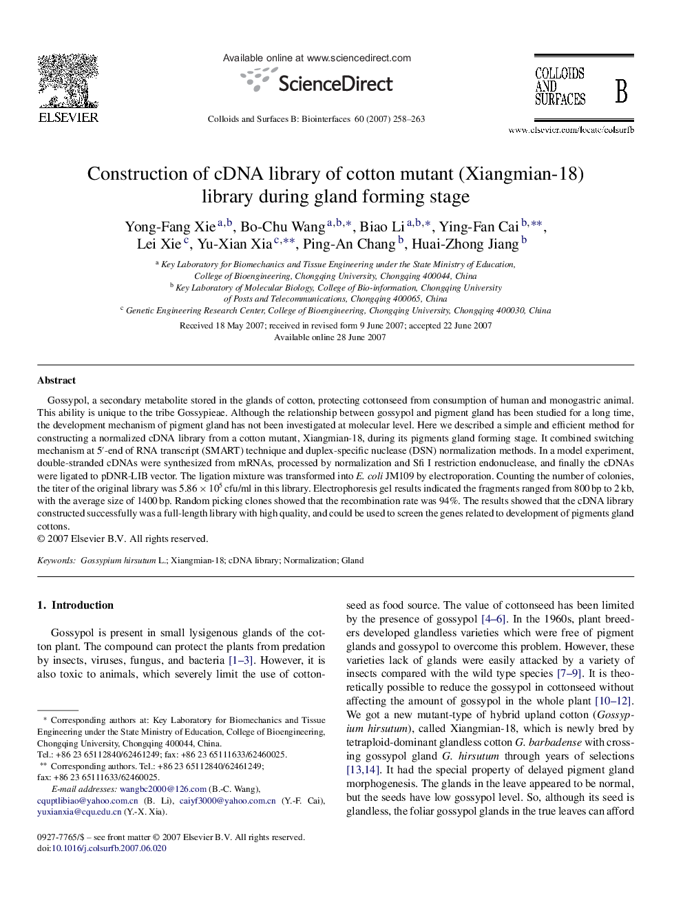 Construction of cDNA library of cotton mutant (Xiangmian-18) library during gland forming stage