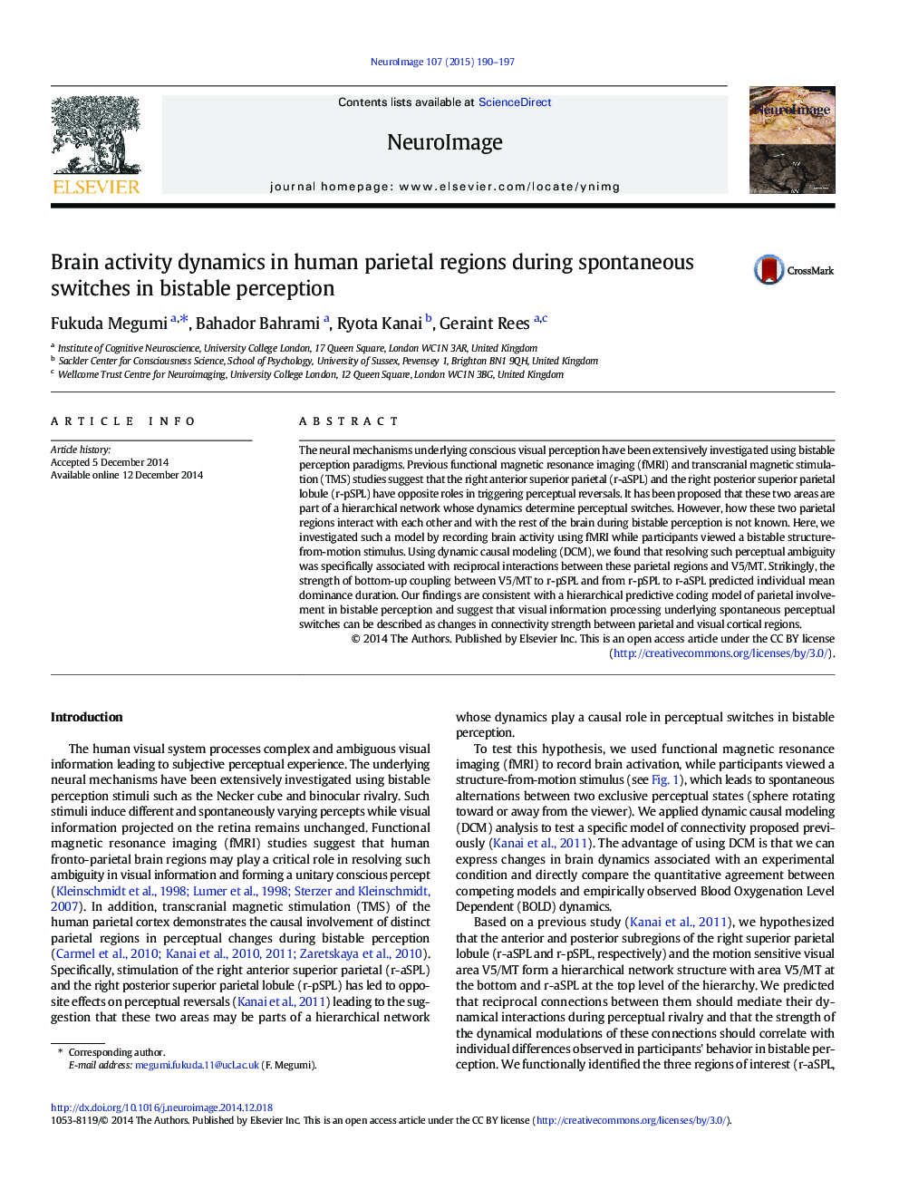 Brain activity dynamics in human parietal regions during spontaneous switches in bistable perception