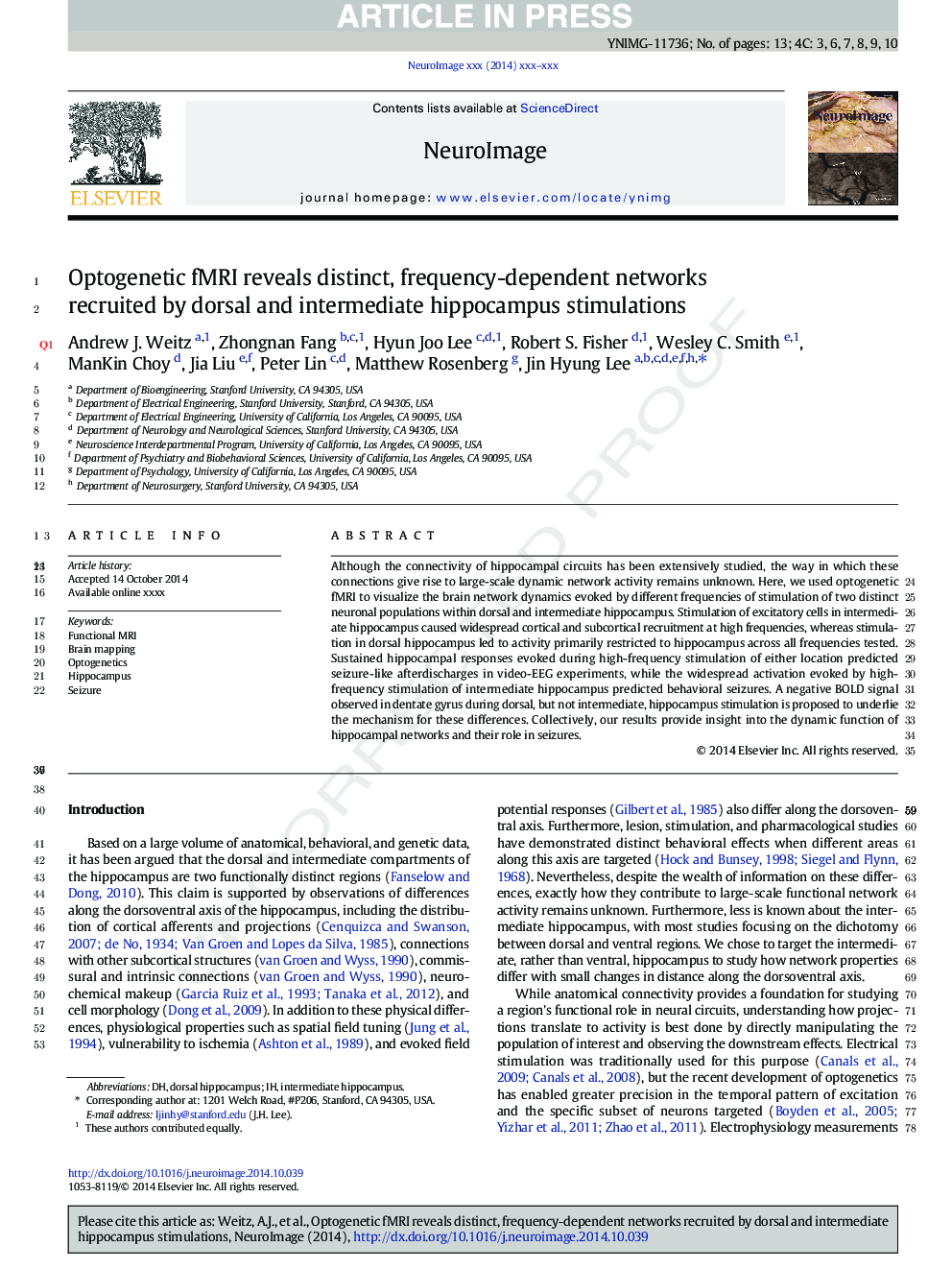 Optogenetic fMRI reveals distinct, frequency-dependent networks recruited by dorsal and intermediate hippocampus stimulations