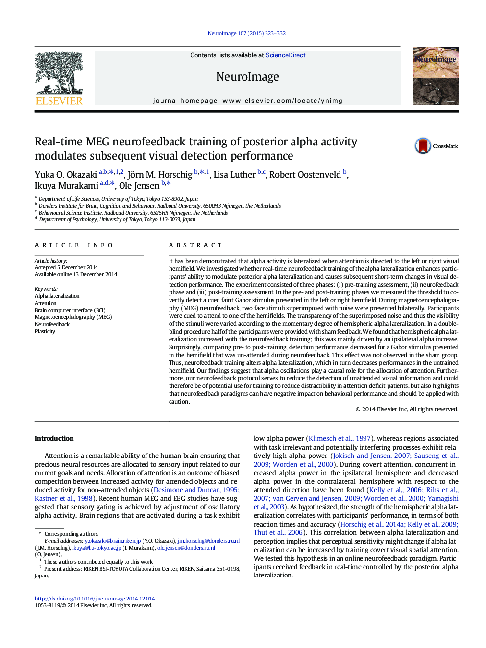 Real-time MEG neurofeedback training of posterior alpha activity modulates subsequent visual detection performance