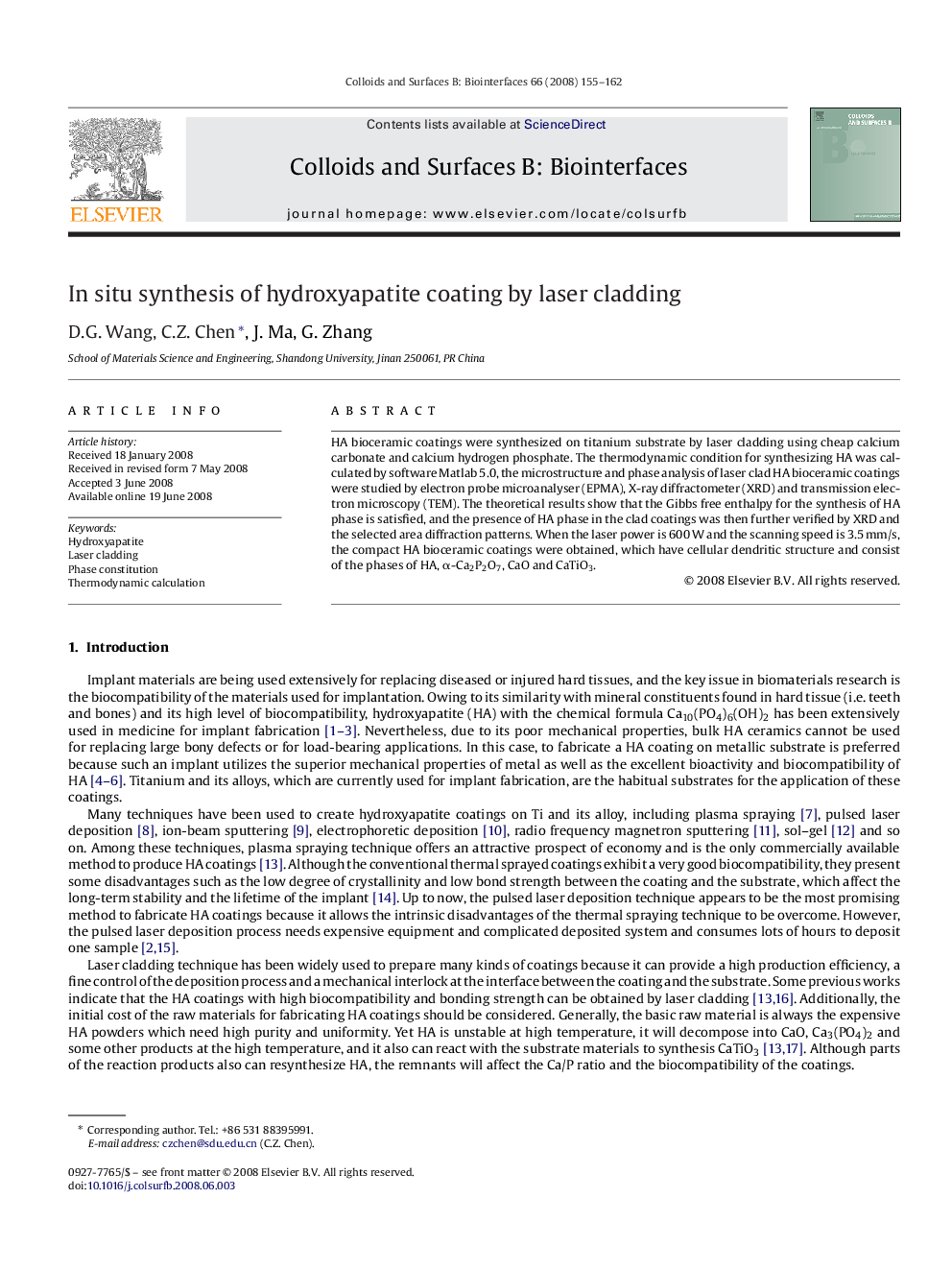 In situ synthesis of hydroxyapatite coating by laser cladding