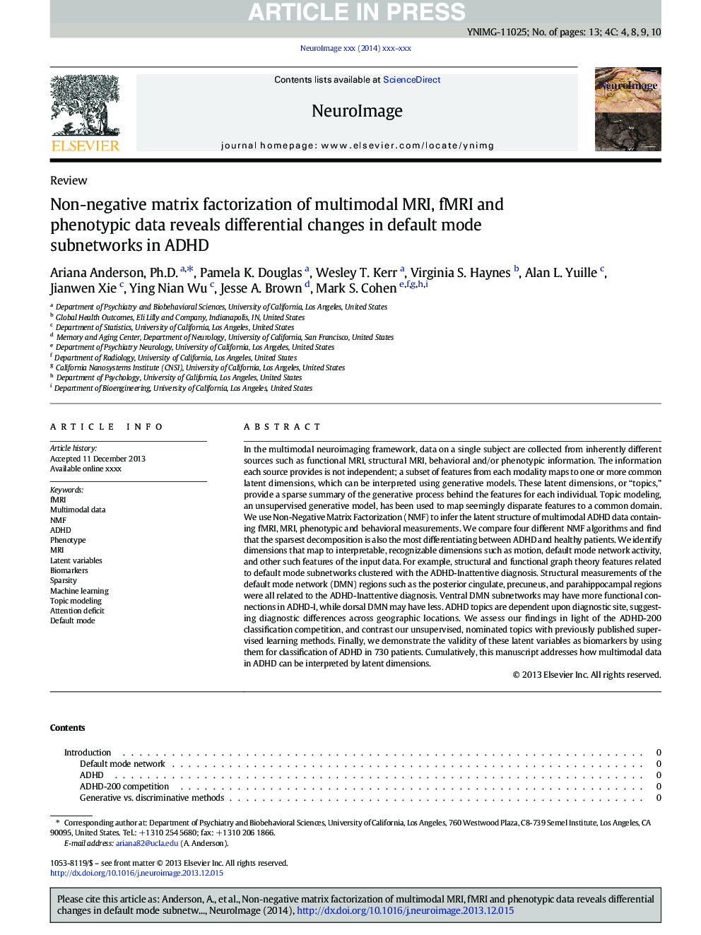 Non-negative matrix factorization of multimodal MRI, fMRI and phenotypic data reveals differential changes in default mode subnetworks in ADHD