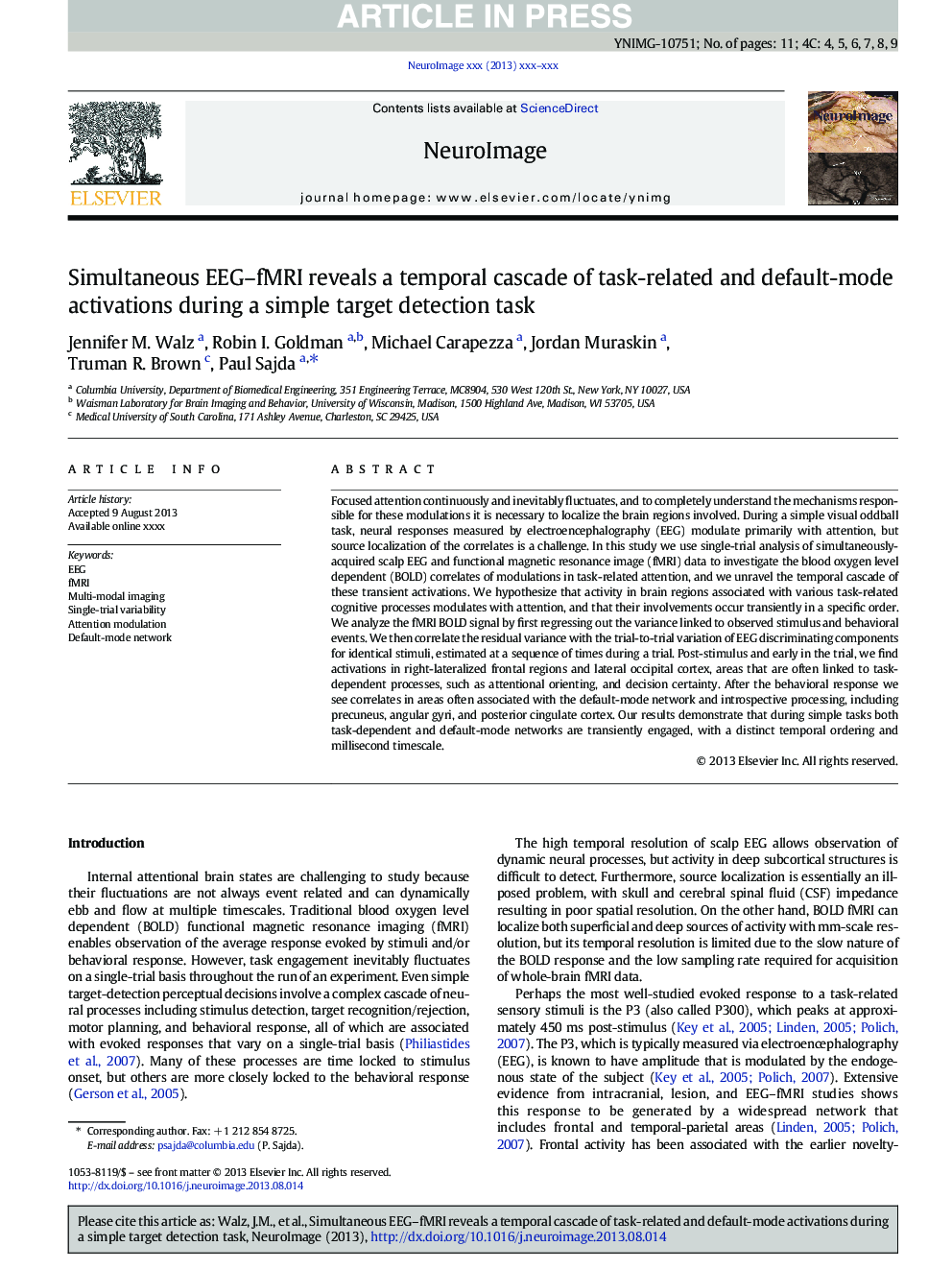 Simultaneous EEG-fMRI reveals a temporal cascade of task-related and default-mode activations during a simple target detection task