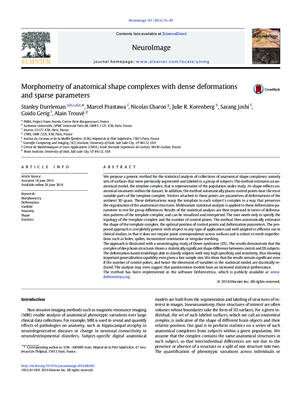 Morphometry of anatomical shape complexes with dense deformations and sparse parameters