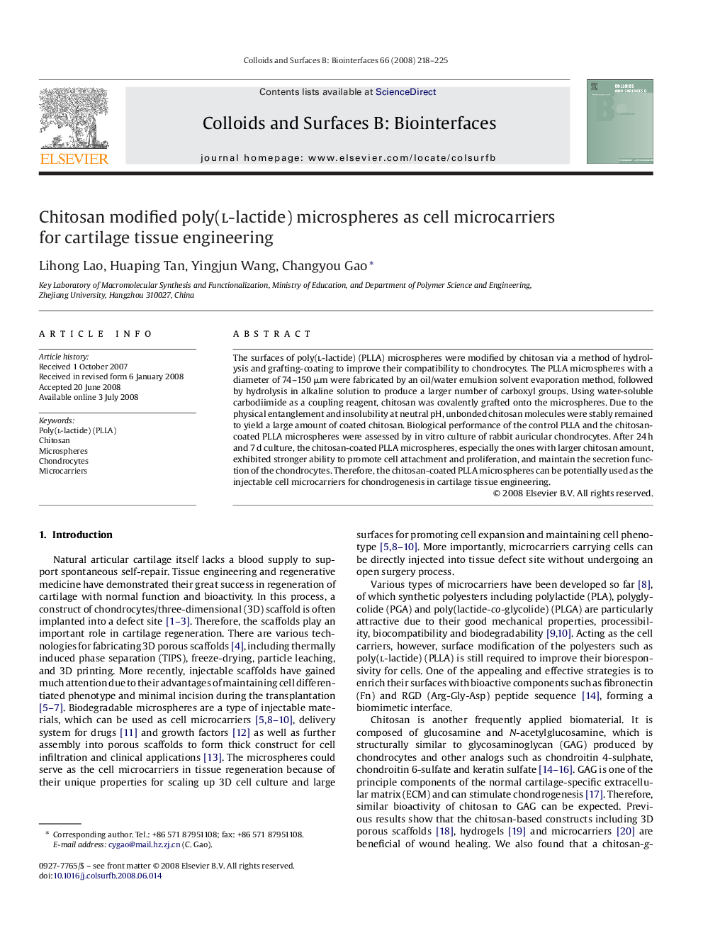 Chitosan modified poly(l-lactide) microspheres as cell microcarriers for cartilage tissue engineering