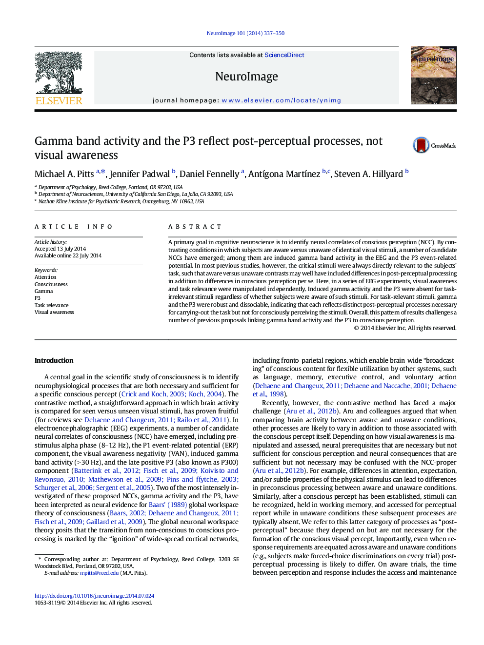 Gamma band activity and the P3 reflect post-perceptual processes, not visual awareness