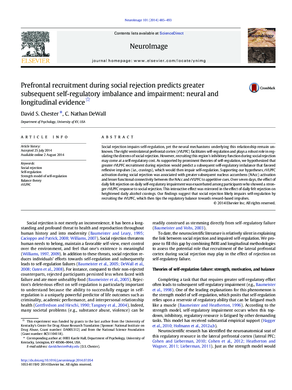 Prefrontal recruitment during social rejection predicts greater subsequent self-regulatory imbalance and impairment: neural and longitudinal evidence