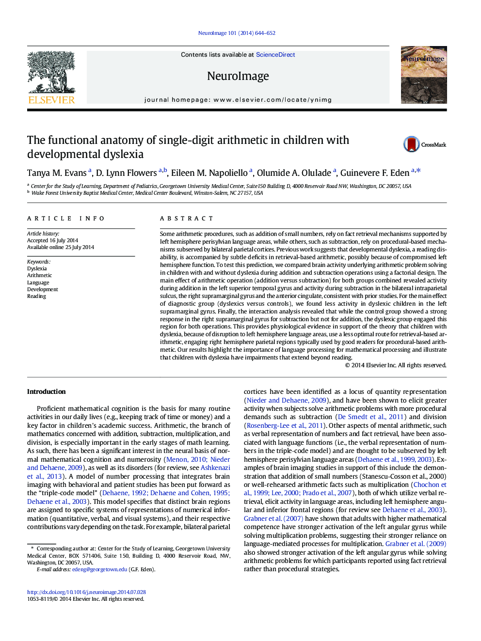 The functional anatomy of single-digit arithmetic in children with developmental dyslexia