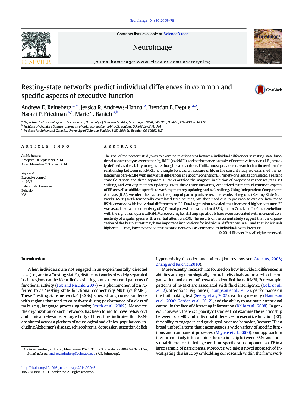 Resting-state networks predict individual differences in common and specific aspects of executive function