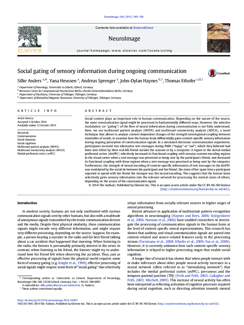 Social gating of sensory information during ongoing communication