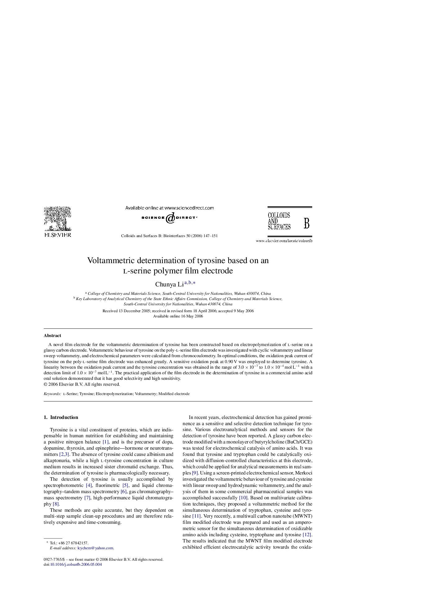 Voltammetric determination of tyrosine based on an l-serine polymer film electrode