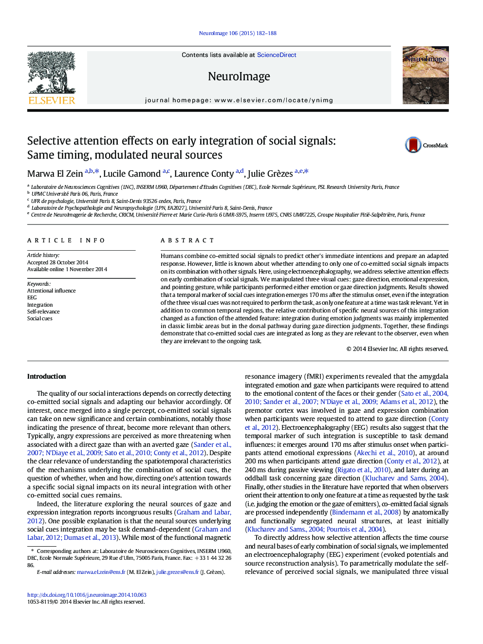 Selective attention effects on early integration of social signals: Same timing, modulated neural sources