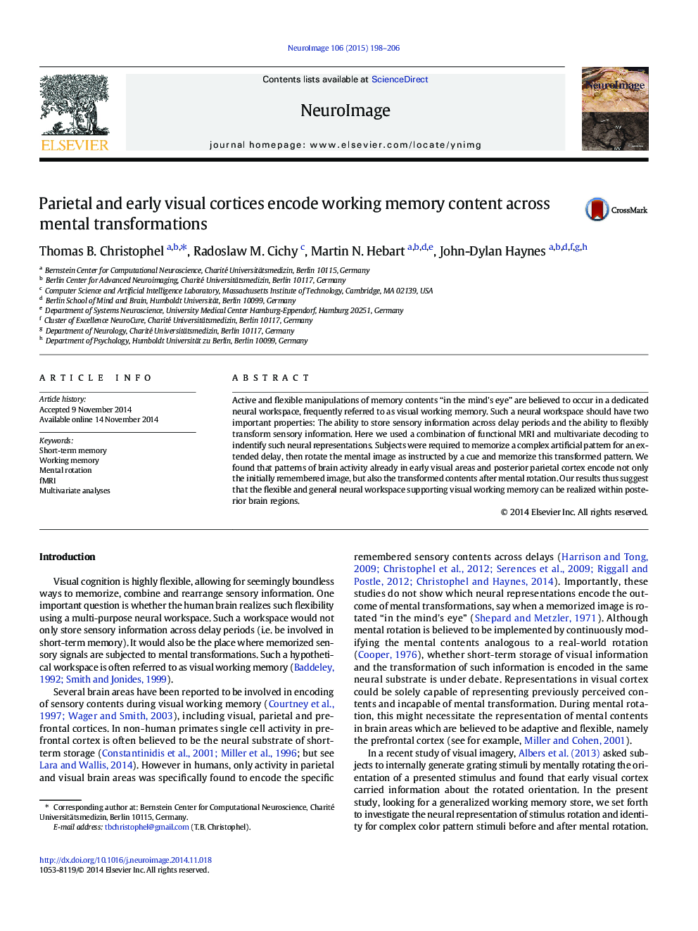 Parietal and early visual cortices encode working memory content across mental transformations