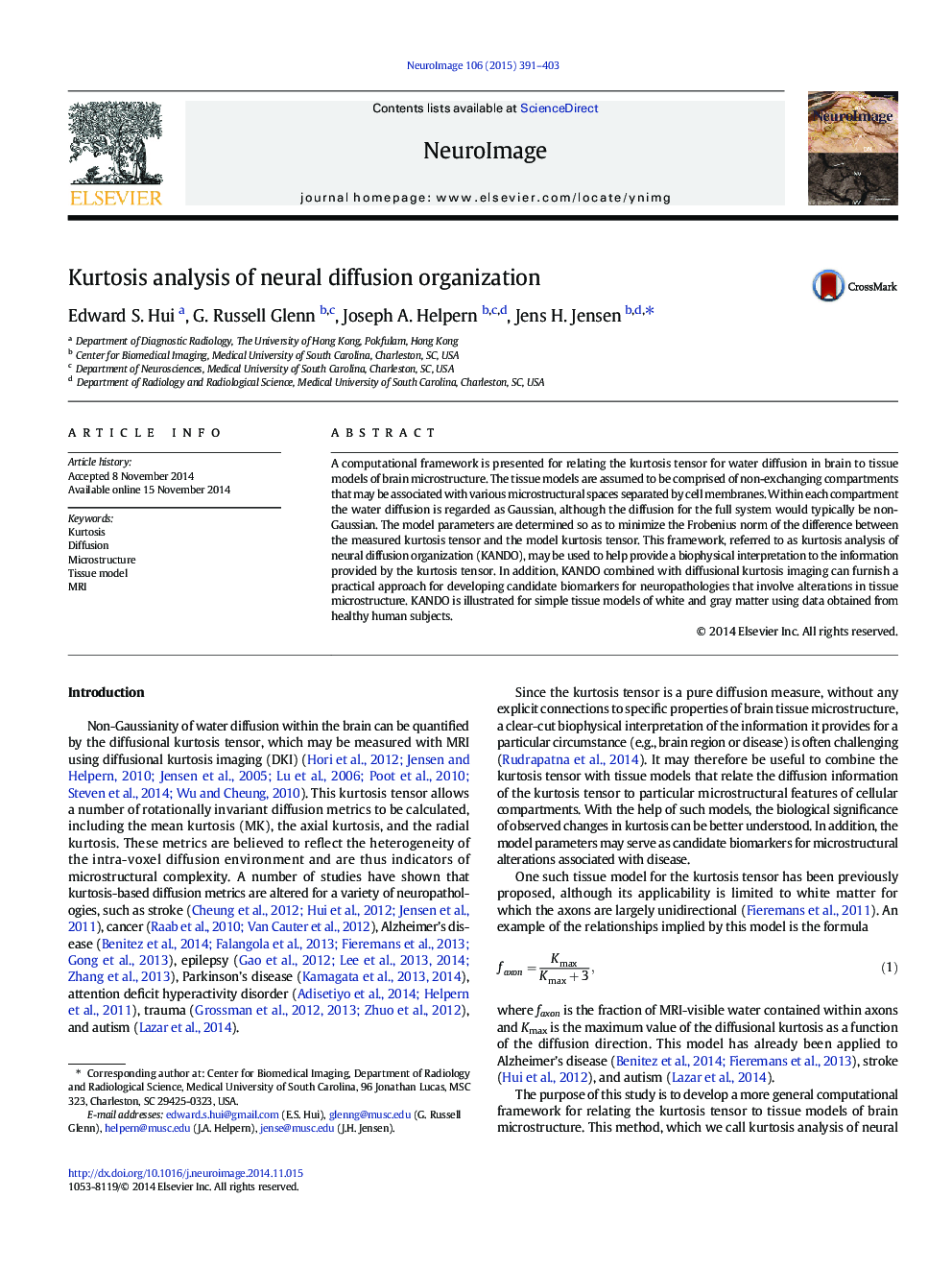 Kurtosis analysis of neural diffusion organization