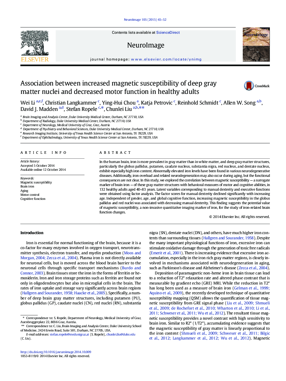 Association between increased magnetic susceptibility of deep gray matter nuclei and decreased motor function in healthy adults