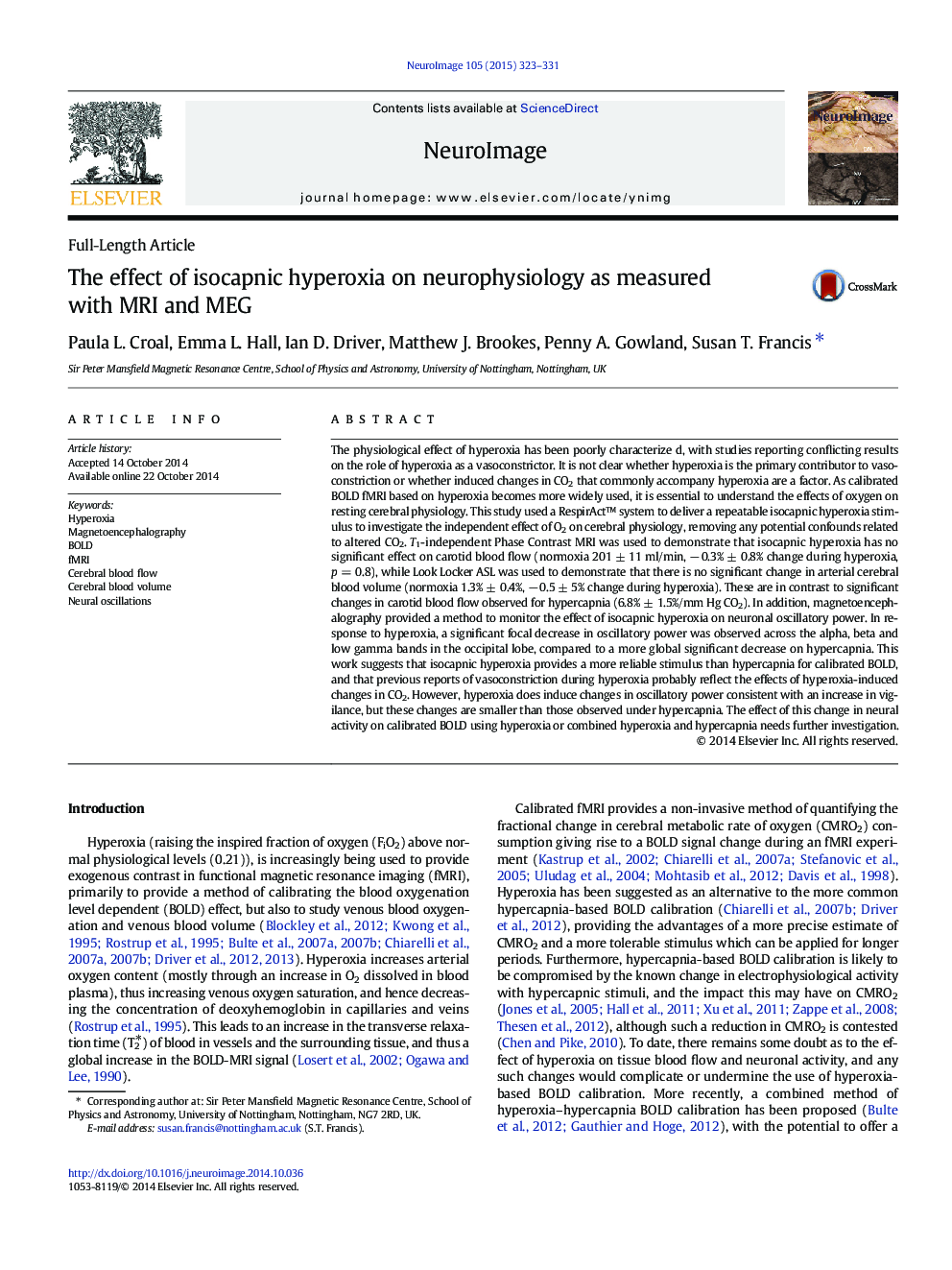 Full-Length ArticleThe effect of isocapnic hyperoxia on neurophysiology as measured with MRI and MEG