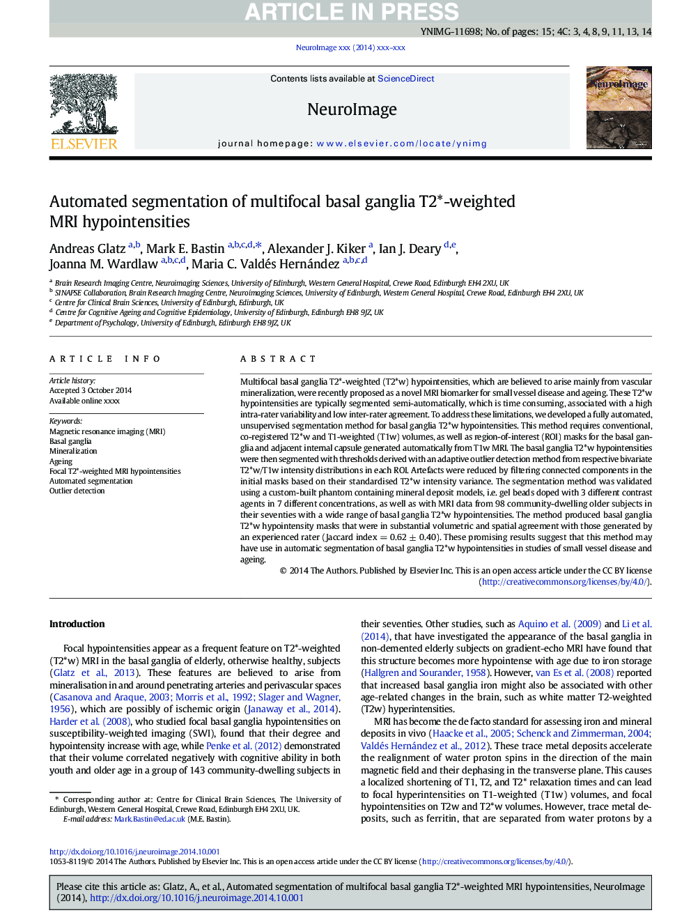 Automated segmentation of multifocal basal ganglia T2*-weighted MRI hypointensities