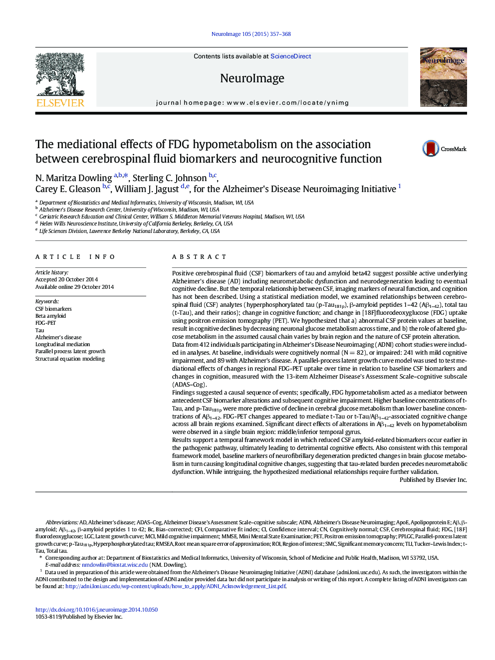 The mediational effects of FDG hypometabolism on the association between cerebrospinal fluid biomarkers and neurocognitive function