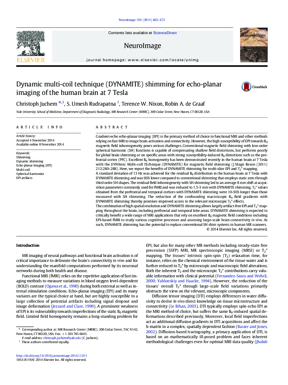 Dynamic multi-coil technique (DYNAMITE) shimming for echo-planar imaging of the human brain at 7 Tesla