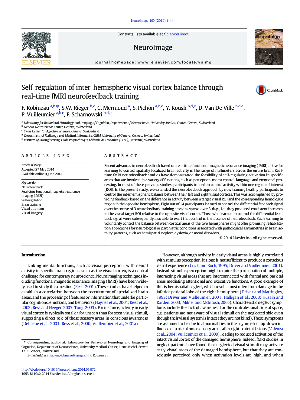 Self-regulation of inter-hemispheric visual cortex balance through real-time fMRI neurofeedback training