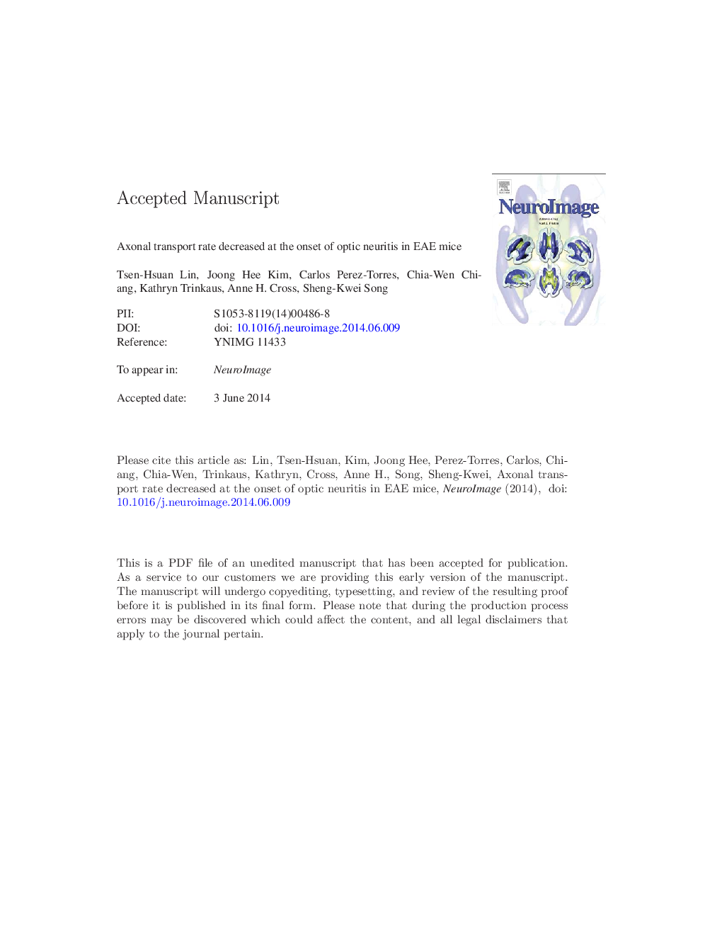 عکس صفحه اول مقاله: Axonal transport rate decreased at the onset of optic neuritis in EAE mice Axonal transport rate decreased at the onset of optic neuritis in EAE mice