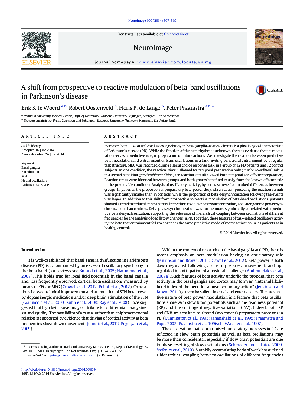 A shift from prospective to reactive modulation of beta-band oscillations in Parkinson's disease