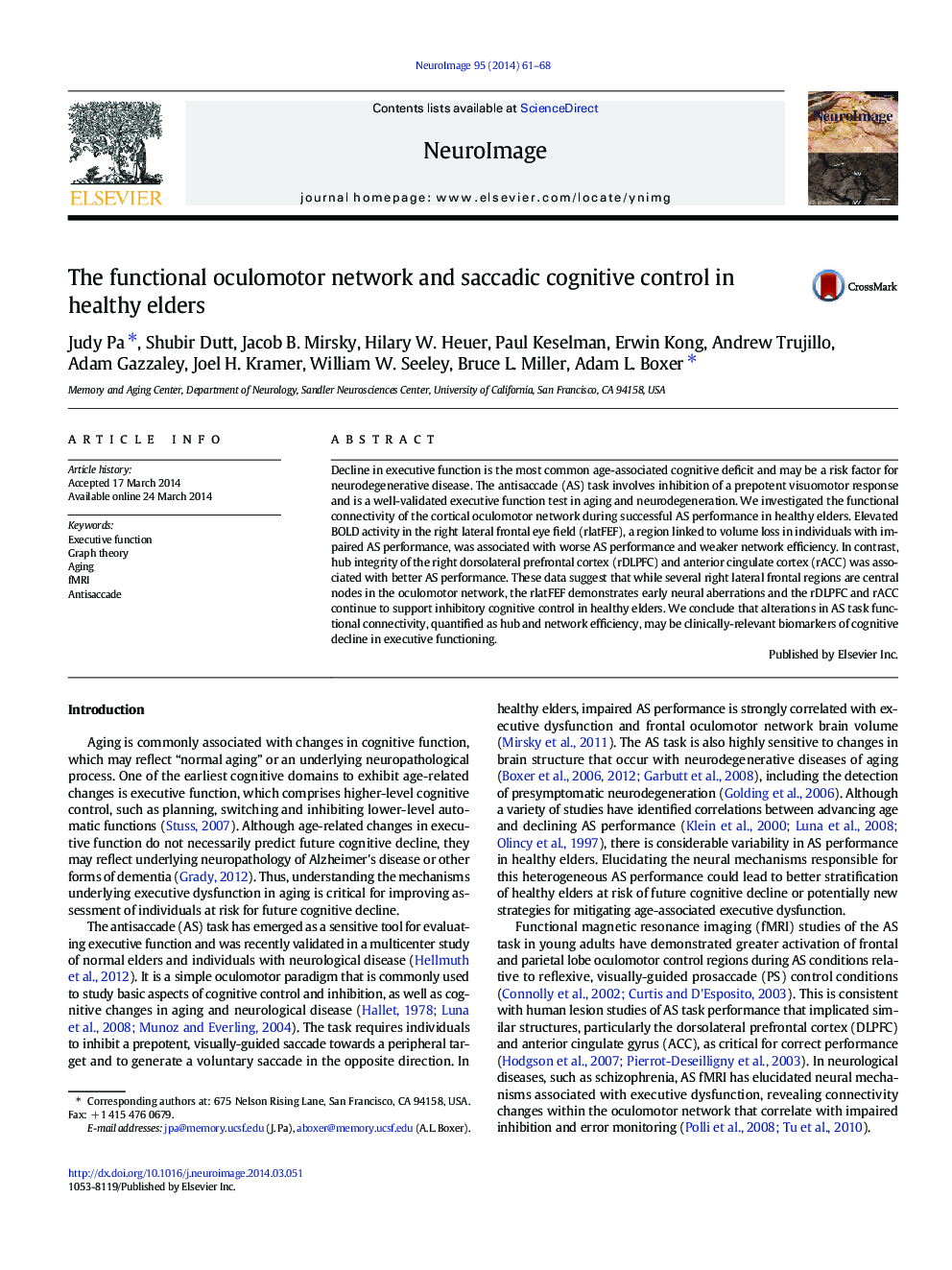 The functional oculomotor network and saccadic cognitive control in healthy elders