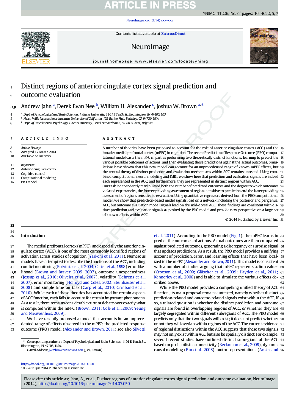 Distinct regions of anterior cingulate cortex signal prediction and outcome evaluation