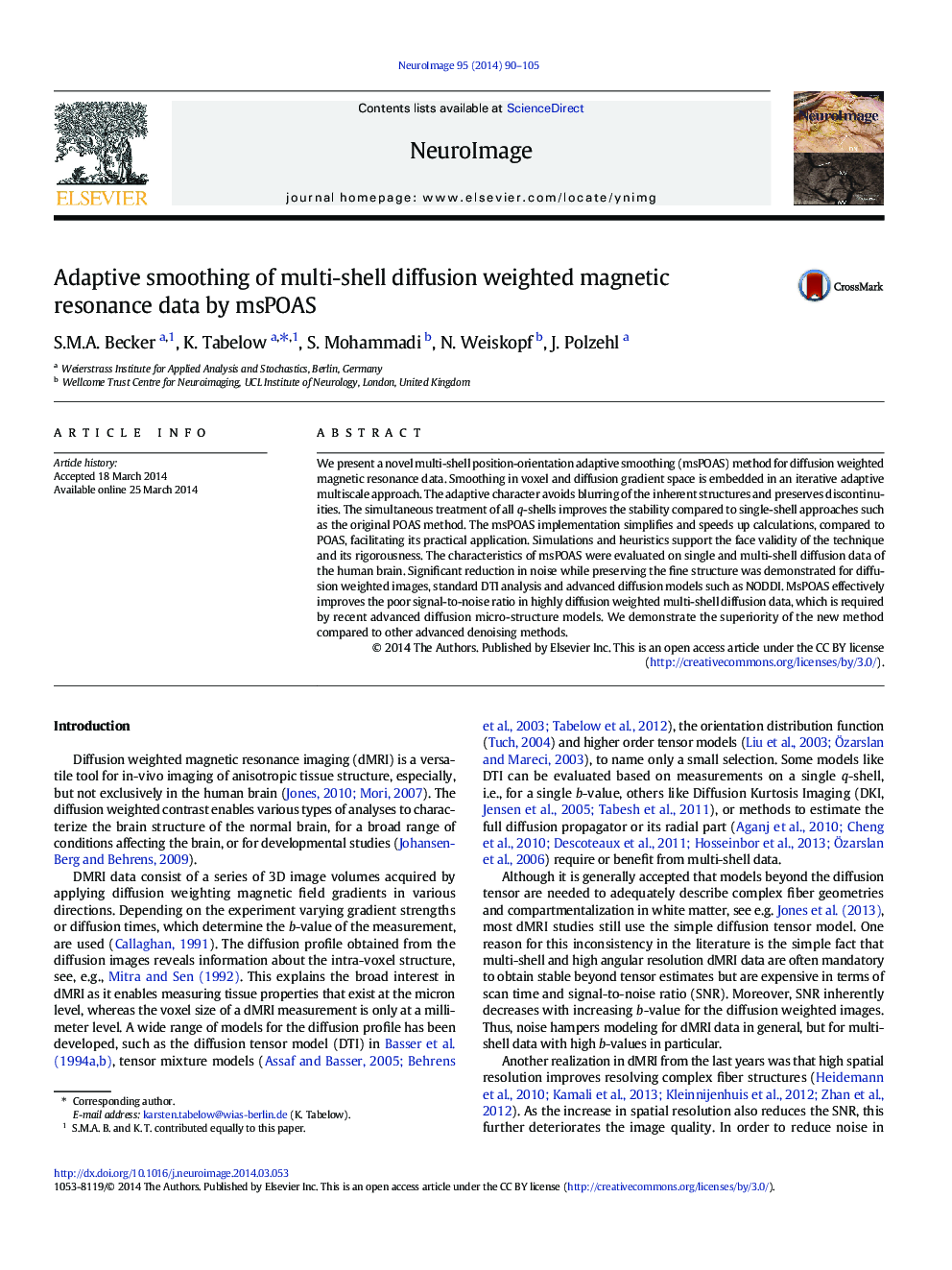 Adaptive smoothing of multi-shell diffusion weighted magnetic resonance data by msPOAS