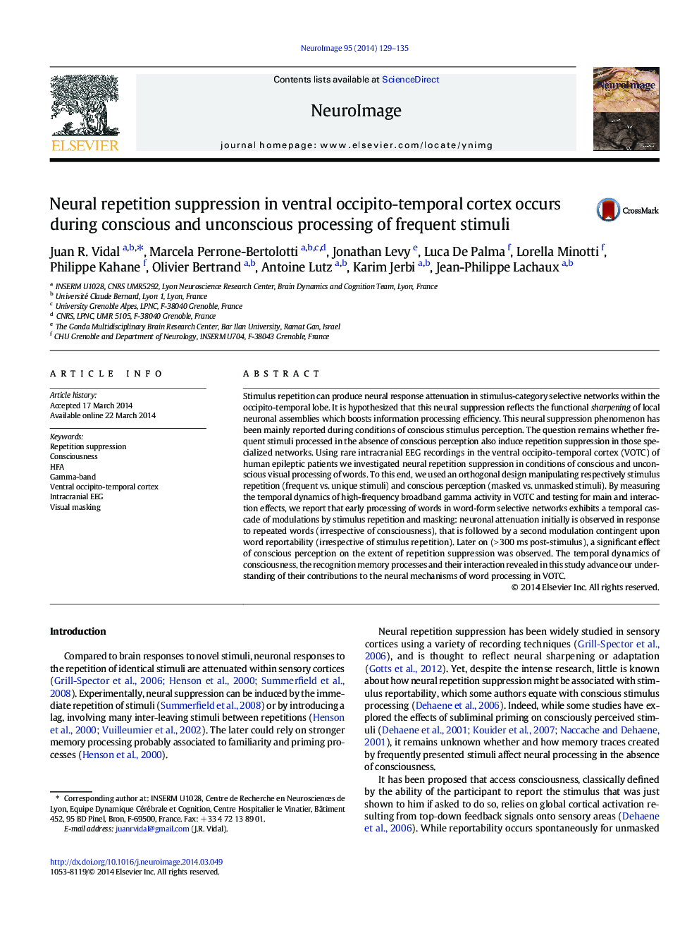 Neural repetition suppression in ventral occipito-temporal cortex occurs during conscious and unconscious processing of frequent stimuli