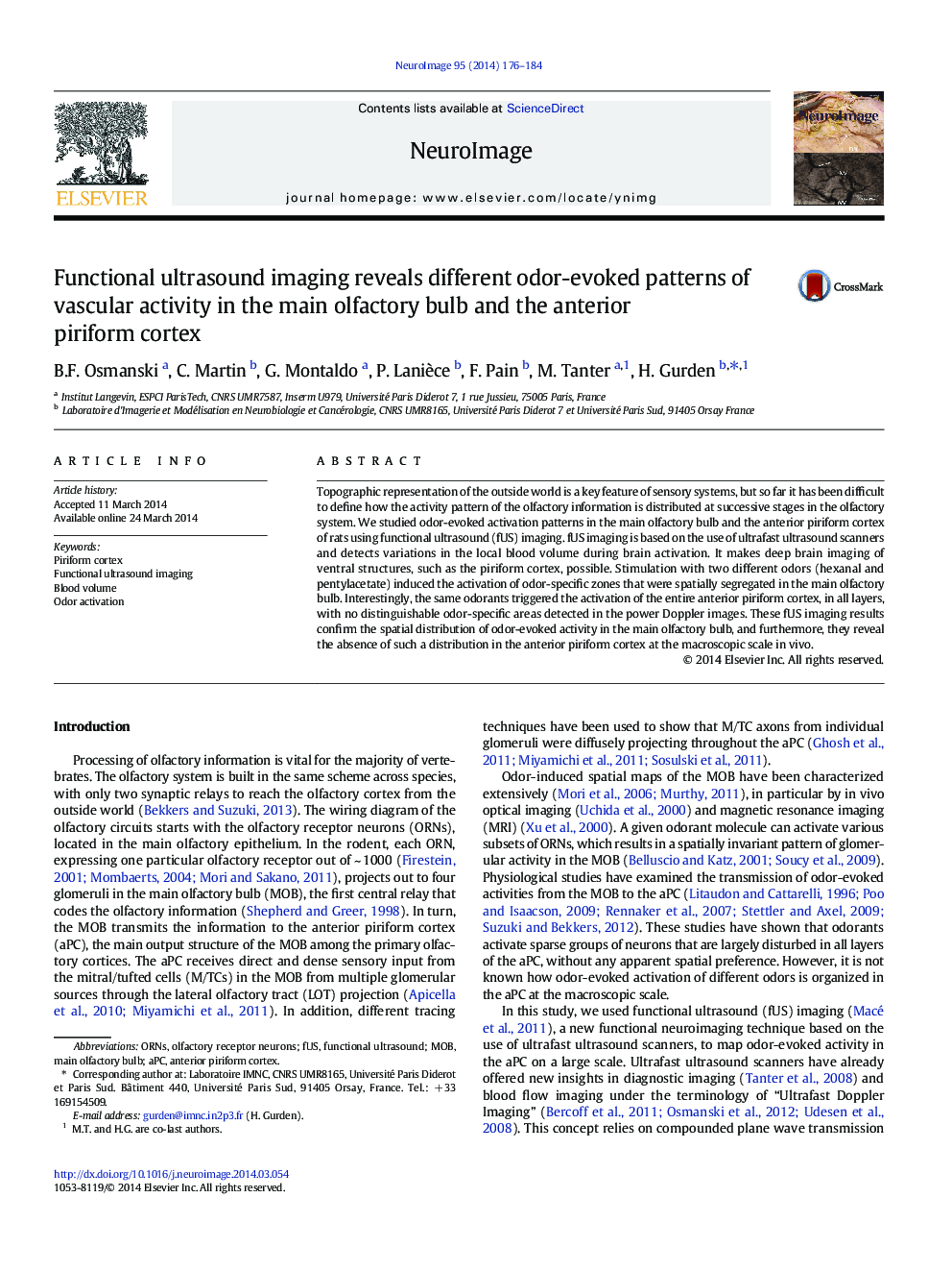 Functional ultrasound imaging reveals different odor-evoked patterns of vascular activity in the main olfactory bulb and the anterior piriform cortex