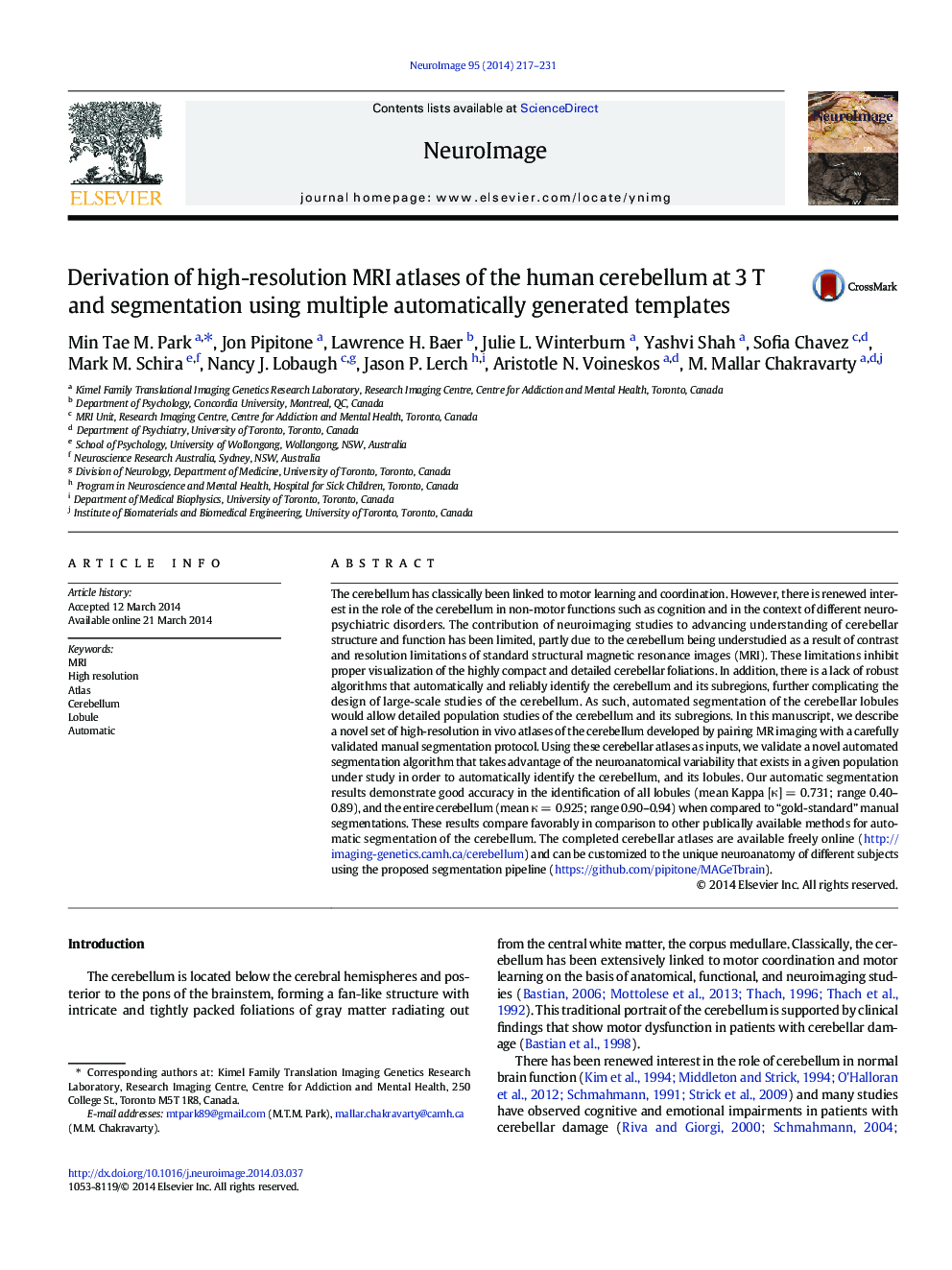 Derivation of high-resolution MRI atlases of the human cerebellum at 3Â T and segmentation using multiple automatically generated templates