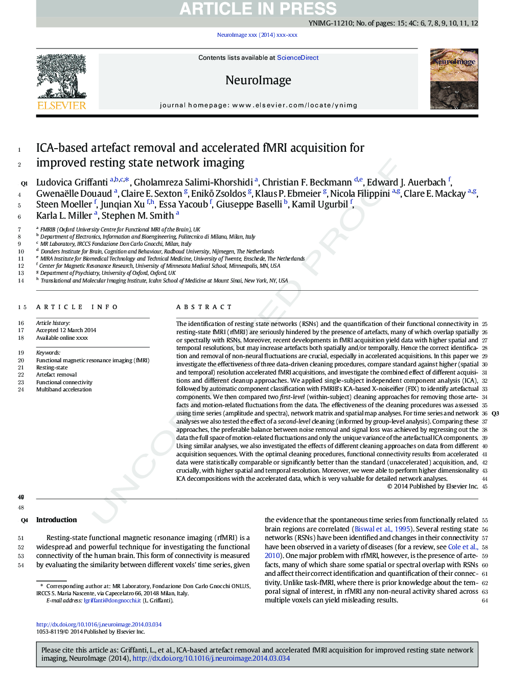 ICA-based artefact removal and accelerated fMRI acquisition for improved resting state network imaging