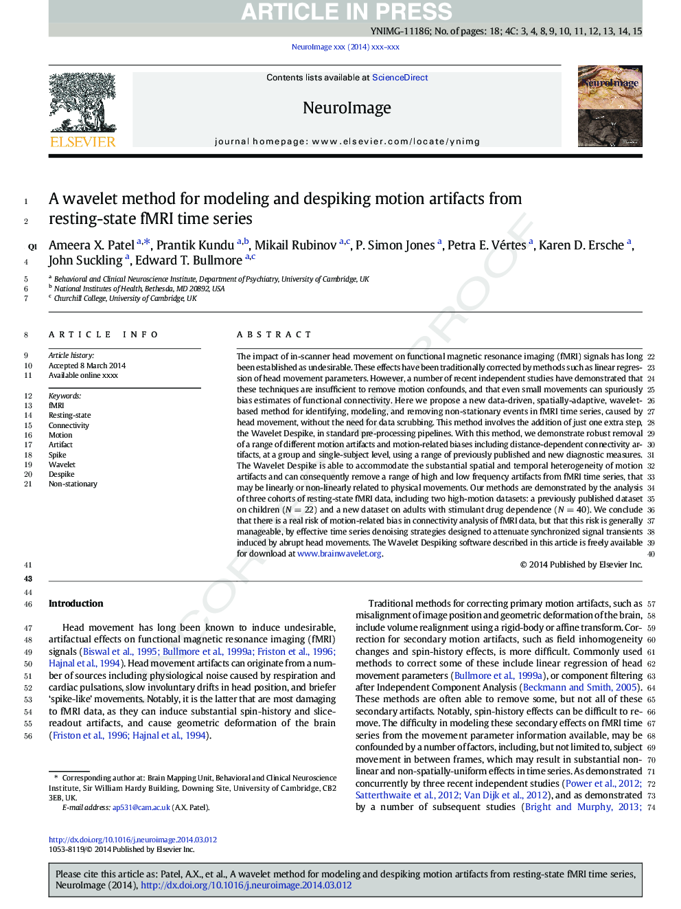 A wavelet method for modeling and despiking motion artifacts from resting-state fMRI time series