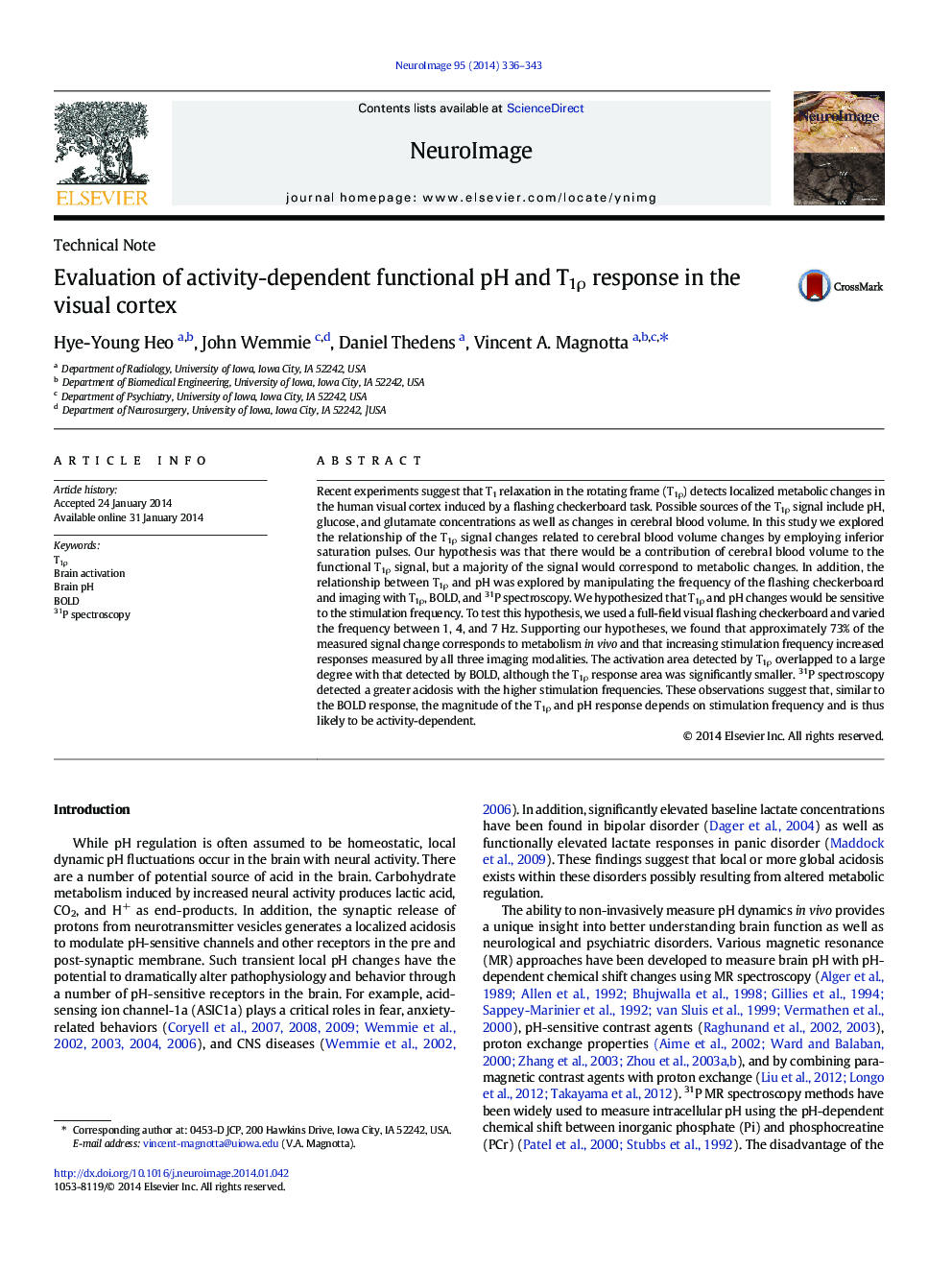 Evaluation of activity-dependent functional pH and T1Ï response in the visual cortex