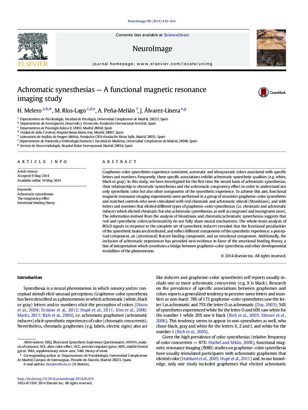 Achromatic synesthesias - A functional magnetic resonance imaging study