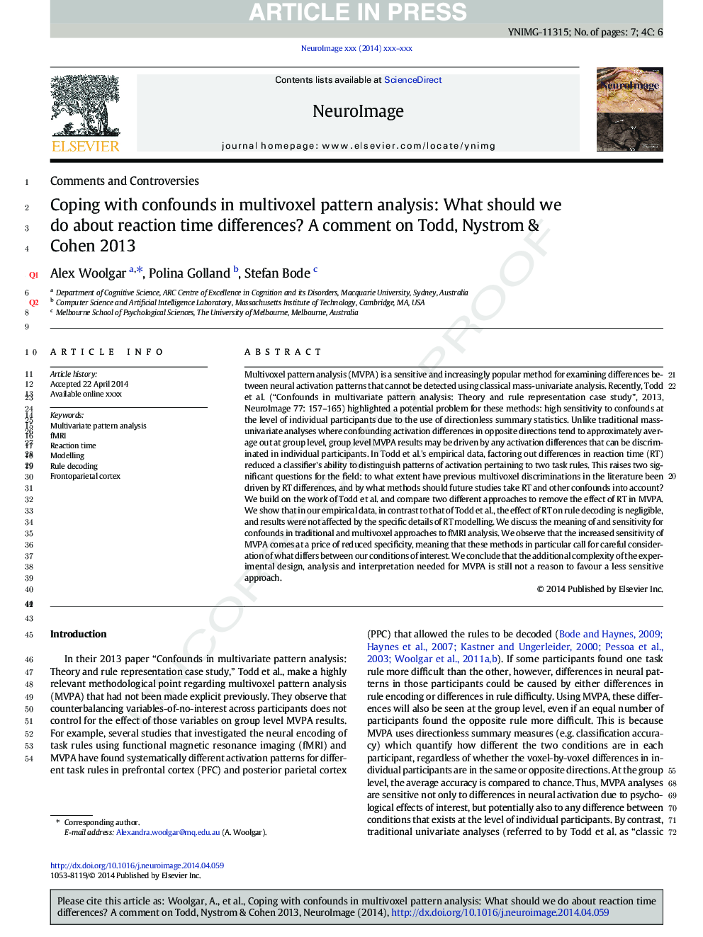 Coping with confounds in multivoxel pattern analysis: What should we do about reaction time differences? A comment on Todd, Nystrom & Cohen 2013