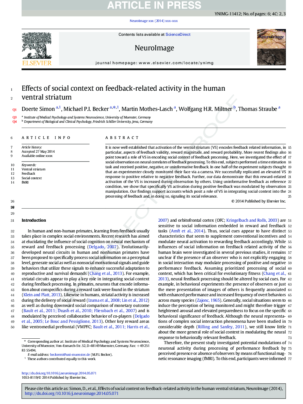 Effects of social context on feedback-related activity in the human ventral striatum